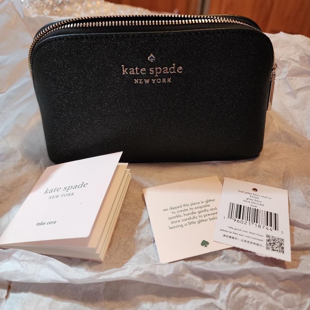 Kate Spade Shimmy Glitter Cosmetic Makeup Bag Sparkling Black  NWT